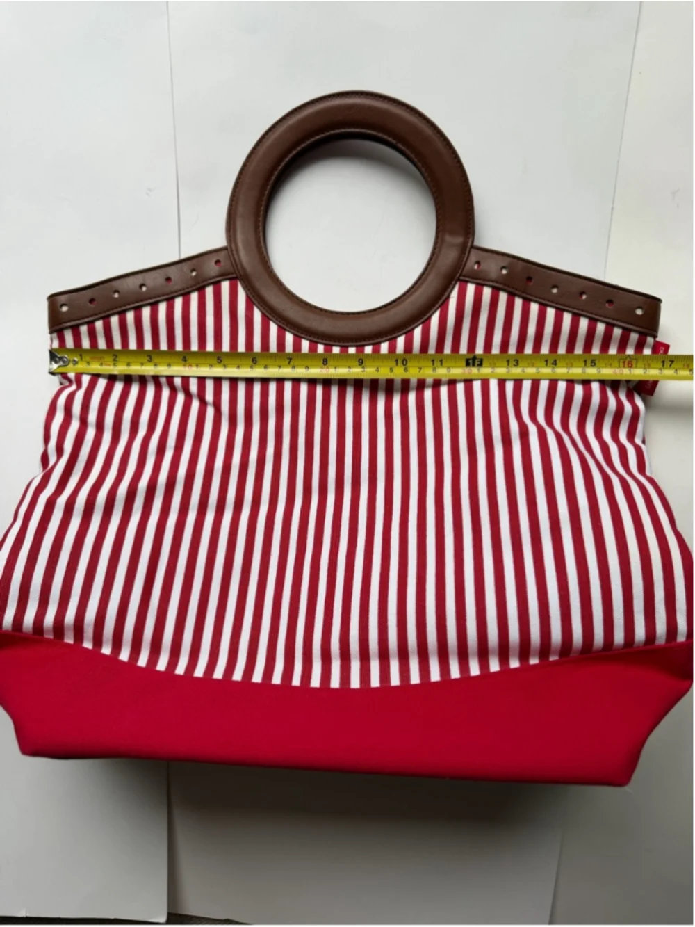 Bloomingdale's Red & White Striped Tote with Brown Round Handles